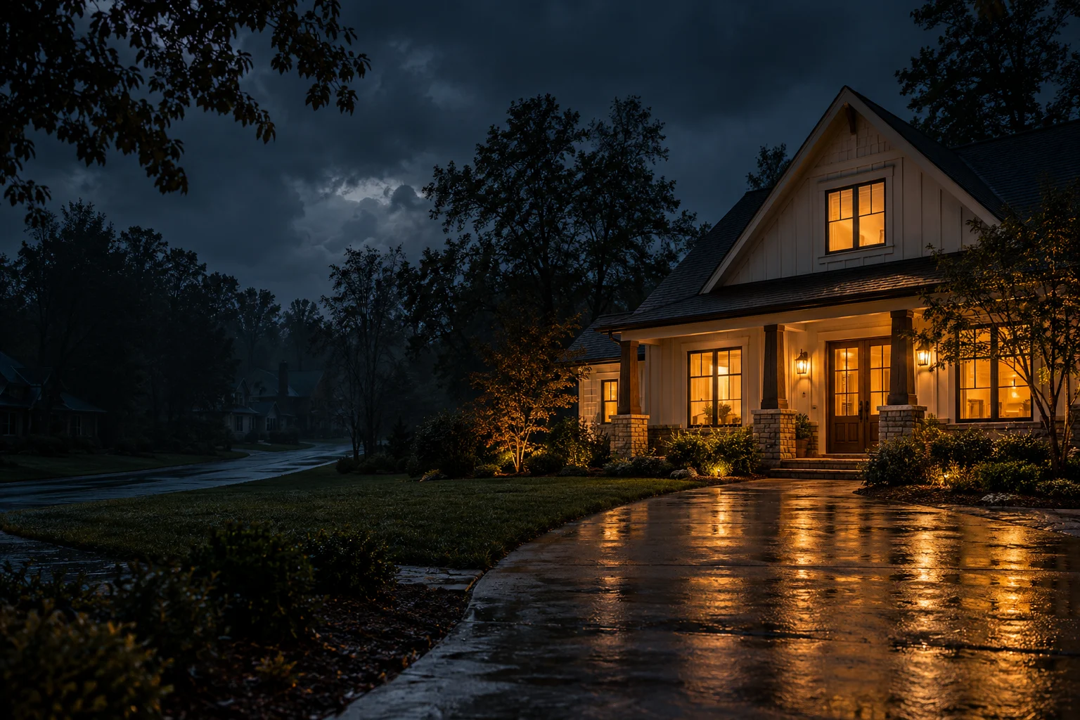 Illustrative neighborhood outage with warm light in one home