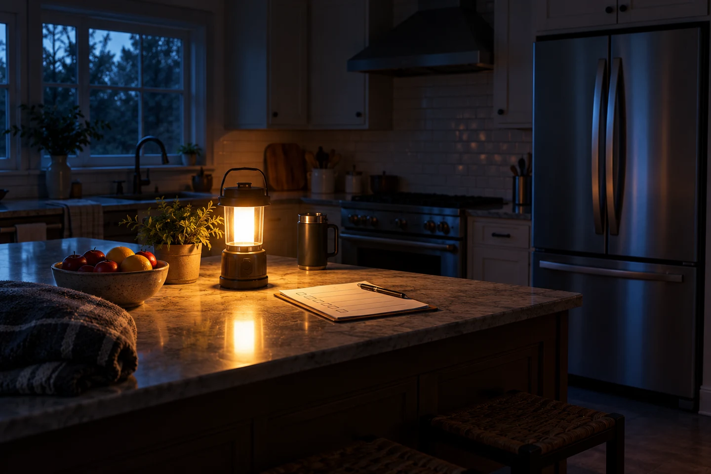 Illustrative refrigerator and battery lantern during an outage