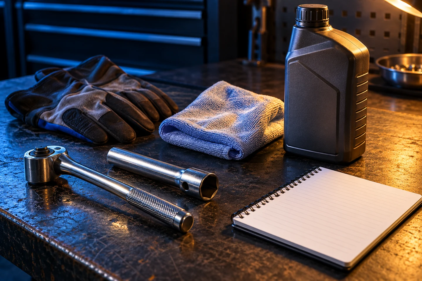 Illustrative workbench with checklist, gloves and preparedness supplies